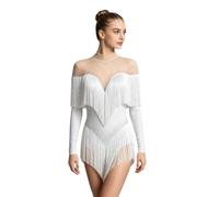 Sinleey Womens Shiny Rhinestones Leotard Tassel Fringe Latin Jazz Dance Performance Costume Modern Dancewear White XL