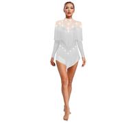 Sinleey Womens Shiny Rhinestones Leotard Tassel Fringe Latin Jazz Dance Performance Costume Modern Dancewear White M
