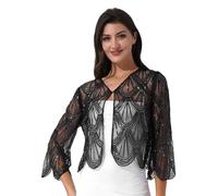 Sinleey Womens Shiny Sequins 1920s Vintage Crop Cardigan Long Sleeve Open Front Bolero Shrugs for Evening Dresses Black One Size