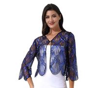 Sinleey Womens Shiny Sequins 1920s Vintage Crop Cardigan Long Sleeve Open Front Bolero Shrugs for Evening Dresses Blue One Size