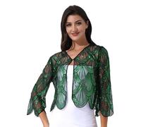 Sinleey Womens Shiny Sequins 1920s Vintage Crop Cardigan Long Sleeve Open Front Bolero Shrugs for Evening Dresses Black&Green One Size