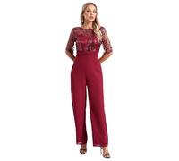 Sinleey Womens Sparkly Sequin Wide Leg Pants Jumpsuits Short Sleeve Ruched Waist Sexy Elegant One Piece Rompers Burgundy XXL