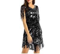 Sinleey Womens Sparkly Sequins Tassels Ballroom Flapper Dress Salsa Samba Rumba Tango Latin 1920s Dance Costumes Black XL