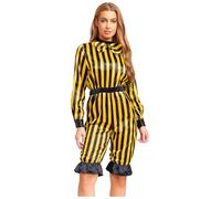 Sinleey Womens Striped Creepy Clown Costume Adult Halloween Circus Scary Killer Clown Cosplay Romper Yellow Black S