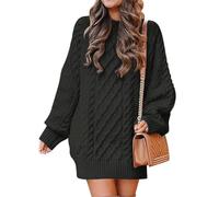 SINLEX Women Long Sleeve Oversized Cable Knit Chunky Baggy Loose Pullover Tunic Mini Sweater Dress Trendy Fall Outfits(Black,L)