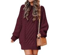 SINLEX Women Long Sleeve Oversized Cable Knit Chunky Baggy Loose Pullover Tunic Mini Sweater Dress Trendy Fall Outfits(Red,L)