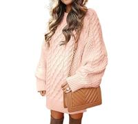 SINLEX Women Long Sleeve Oversized Cable Knit Chunky Baggy Loose Pullover Tunic Mini Sweater Dress Trendy Fall Outfits(Pink1,XL)