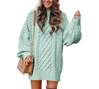 SINLEX Women Long Sleeve Oversized Cable Knit Chunky Baggy Loose Pullover Tunic Mini Sweater Dress Trendy Fall Outfits(Blue2,XS)