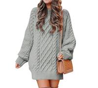 SINLEX Women Long Sleeve Oversized Cable Knit Chunky Baggy Loose Pullover Tunic Mini Sweater Dress Trendy Fall Outfits(Gray,XS)