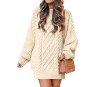 Women Long Sleeve Oversized Cable Knit Chunky Baggy Loose Pullover Tunic Mini Sweater Dress Trendy Fall Outfits(Beige,L)