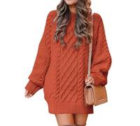 SINLEX Women Long Sleeve Oversized Cable Knit Chunky Baggy Loose Pullover Tunic Mini Sweater Dress Trendy Fall Outfits(Orange,XL)