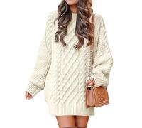 SINLEX Women Long Sleeve Oversized Cable Knit Chunky Baggy Loose Pullover Tunic Mini Sweater Dress Trendy Fall Outfits(White,S)