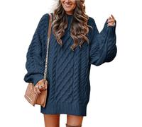 SINLEX Women Long Sleeve Oversized Cable Knit Chunky Baggy Loose Pullover Tunic Mini Sweater Dress Trendy Fall Outfits(Blue,L)