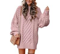 SINLEX Women Long Sleeve Oversized Cable Knit Chunky Baggy Loose Pullover Tunic Mini Sweater Dress Trendy Fall Outfits(Pink,M)