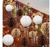 Sinload 12 Pcs Christmas Jumbo Honeycomb Paper Ornaments Neutral Stairs Decor Large Paper Hanging Balls Assorted Size Brown Christmas Ornament for Indoor Home Xmas Tree Party(Multicolor,10", 8", 6")