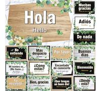 Sinload 16 Pcs Spanish Posters Spanish Phrases Classroom Decorations Spanish English Bulletin Board Set Bilingual Educational Materials for Teachers Primary Preschool Wall Decor(Eucalyptus)