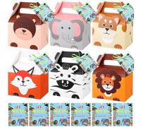 Sinload 30 Set Safari Animal Party Favor Treat Box Thank Card Zoo Animals Theme Bags with Handles Goodies Treat Boxes Jungle Safari Candy Gift Bags for Baby Shower Party Decorations Supplies