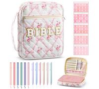 Sinload Chenille Letter Bible Cover for Women Quilted Carrying Case with Organizer Tabs 6 Colored Pens 6 Highlighters Book Case Bible Bag with Handle Christian Church Gifts(Pink Bow)