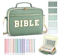 Sinload Large 12'' x 9'' x 2.5" Chenille Letter Bible Cover for Women with Bible Tabs 6 Colored Pens 12 Highlighters Book Case Bible Bag with Shoulder Strap Handle Christian Church Gifts (Green,Pure)