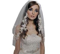 SINLOV 2-Tier Bridal Lace Wedding Veil with Comb Bridal Soft Tulle Veil Waist Length Veil for Brides (White)