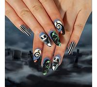 SINLOV Halloween Spider 24pcs Almond False Nails Black Pumpkin Human Skeleton Long Press on Nails French Fake Nails for Women and Girls