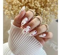 SINLOV Valentine's Day Long Almond Fake Nails White Love Heart French False Nail Press on Nails Glossy Full Cover False Nails for Women and Girls