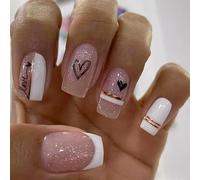 SINLOV Valentine's Day Short Square Fake Nails Love Heart Pink Nude French False Nail Press on Nails Glossy Full Cover False Nails for Women and Girls
