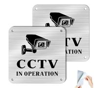 SINMAO 2 Pack CCTV In Operation Sign Outdoor Metal with Self-adhesive and Pre-Drilled Holes, Small CCTV Window Sign for Camera or Security Camera Waterproof Sticker-Aluminium Brushed 10×10cm