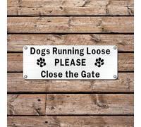 SINMAO Dogs Running Loose Sign 3.5x9.8 inches Outdoor Keep Gate Closed Sign Metal Aluminum with Self Adhesive x1 pack
