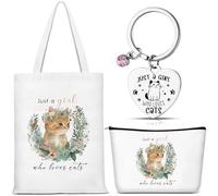 Sinmoe 3 Pcs Cat Lover Gift Set Just a Girl Who Loves Cats Tote Bag Makeup Pouch and Keychain Gifts for Cat Owners Lady Birthday Christmas for Friends Family Colleague