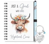 Sinmoe 3 Pcs Highland Cow Gift Set for Women Cow Lover Includes Highland Keyring & Just a Girl Who Loves Notebook Cattle Ballpoint Gift for Cute Animal Birthday Party Graduation (Blue,Floral)