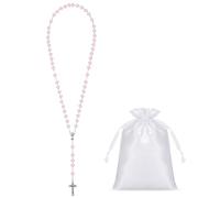 Sinmoe 3 Set First Holy Communion Heart Rosary Beads with First Communion Cards and Drawstring Pouch Metal Rosary Necklace Catholic Pearl Cross Necklace Gift for Christmas Girl Boy Christening(Pink)