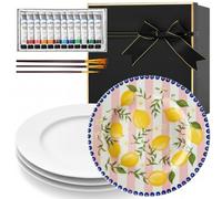Sinmoe 4 Pcs Paint Your Own Ceramic Plates Kit Includes 4 Porcelain Plates, 3 Paint Brushes and 12 Acrylic Paints & 1 Black Gift Box & 1 Palette Paintable(8 Inch, Modern Luxe)