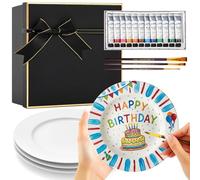 Sinmoe 4 Pcs Paint Your Own Ceramic Plates Kit Includes 4 Porcelain Plates, 3 Paint Brushes and 12 Acrylic Paints & 1 Black Gift Box & 1 Palette Paintable(7 Inch, Modern Luxe)