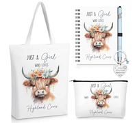 Sinmoe 5 Pcs Highland Cow Gifts Set for Women Includes Print Canvas Tote Bag Just a Girl Who Loves Highland Cows Cosmetic Bag Animal Lover Keychain Western Themed Notebook and Pen (Blue,Cute)