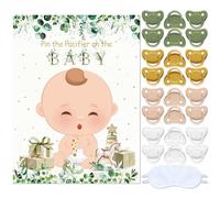 Sinmoe Pin The Pacifier on The Party Sage Green Baby Shower Decorations Pin Dummy on Poster Set with 24 Pcs Pacifier Stickers Blindfold for Birthday Party Supplies(Fair)