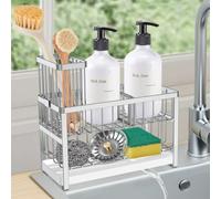 Sinnsally Sink Caddy Organiser Kitchen Sink Tidy Organizer,Soap Dish Tray,Washing up Caddy Sinkware Organiser,Sponge Holder for Kitchen Accessories Storage Rack with Brush Holder (2 Tier-Silver)
