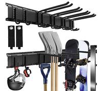 Sinoer Garage Garden Tool Organizer Wall Mount, Tool Storage Rack with 6 Adjustable Metal Hooks with 2 Straps, for ski Equipment Hangers,Chairs, Brooms,rakes,Shovel,Yard Tools Rack