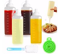 Sinofort 4 Pcs Sauce Bottle 32 Oz, 1000ml Plastic Translucent Squeezy Bottle With Nozzles, Squeeze Condiment Dispenser with Sponge Cleaning Brush and Funnel, for Ketchup,Sauces, Salad, Mayo,Olive Oil