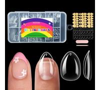 SINOKAME Extra Short Almond Kids Nail Tips with Sticky Tabs,240 Pcs Press on Nails for Kids 8-12,Paintable Soft Gel Clear Almond Fake Nails Full Cover,12 Sizes 1 Cuticle Pusher & Nail File