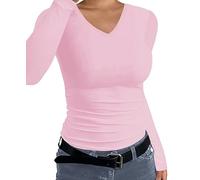 Sinono V Neck T Shirts for Women Long Sleeve Casual Ribbed Slim Fitted Tops, Pink, XL