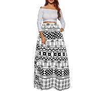 Sinono Women's African Printed Maxi Skirt Flared A Line Long Skirts (X-Large, White)