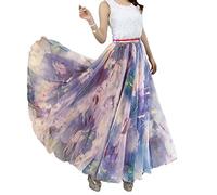 Sinono Women's Blending Chiffon Retro Long Maxi Floral Vintage Skirts (Small, Light Purple)