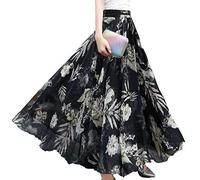 Sinono Women's Blending Chiffon Retro Long Maxi Floral Vintage Skirts (XX-Large, Black)