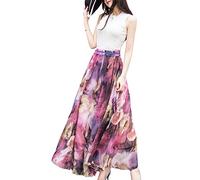 Sinono Women's Blending Chiffon Retro Long Maxi Floral Vintage Skirts (XX-Large, Purple)
