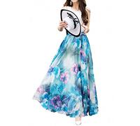Sinono Women's Floral Maxi Chiffon Long Skirts Full Length Beach Skirt (Medium, Blue)
