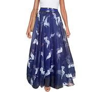 Sinono Women's Floral Maxi Chiffon Long Skirts Full Length Beach Skirt, Deep Blue, L