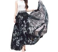 Sinono Women's Floral Maxi Chiffon Long Skirts Full Length Beach Skirt (Large, Black)