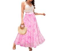 Sinono Women's Floral Maxi Chiffon Long Skirts Full Length Beach Skirt, Light Pink, 3XL