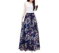 Sinono Women's Floral Maxi Chiffon Long Skirts Full Length Beach Skirt, Navy Blue, S